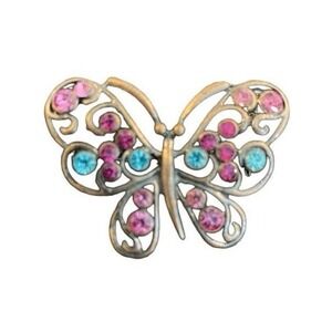 Vintage Rhinestone Butterfly Brooch Pink Blue Brass Tone Metal Pin